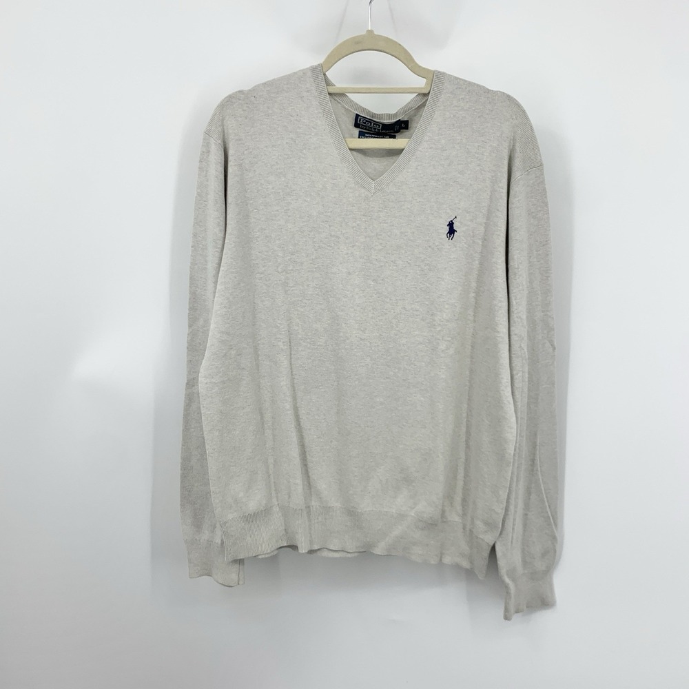 POLO Ralph Lauren Men Size Large Sweater V Neck Pullover Top Heather Gray Cotton